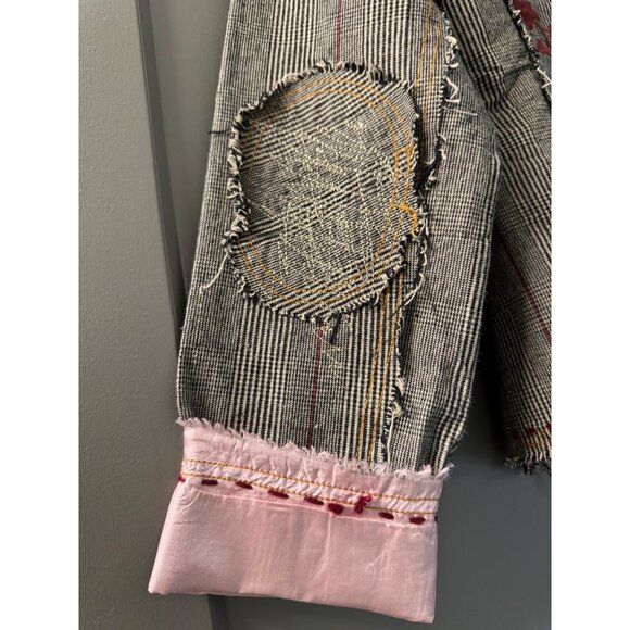 Handmade Striped Blazer Jacket With Red Tree Embroidery & Pink Silk Lining For - Picture 7 of 12
